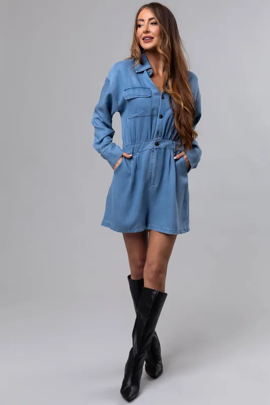 Medium Denim Long Sleeve Button Up Romper - LE LIS