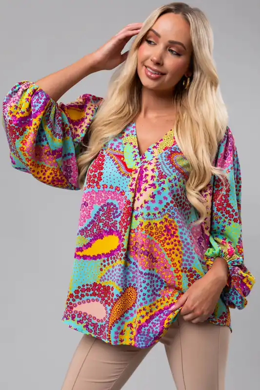 Multicolor Paisley Print Puff Sleeve Blouse - Andree