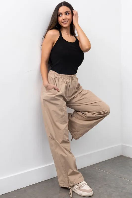 Khaki Drawstring Hem Windbreaker Pants - glam