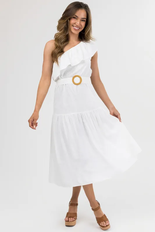 She+Sky Ivory Ruffle One Shoulder Midi Dress - She + Sky