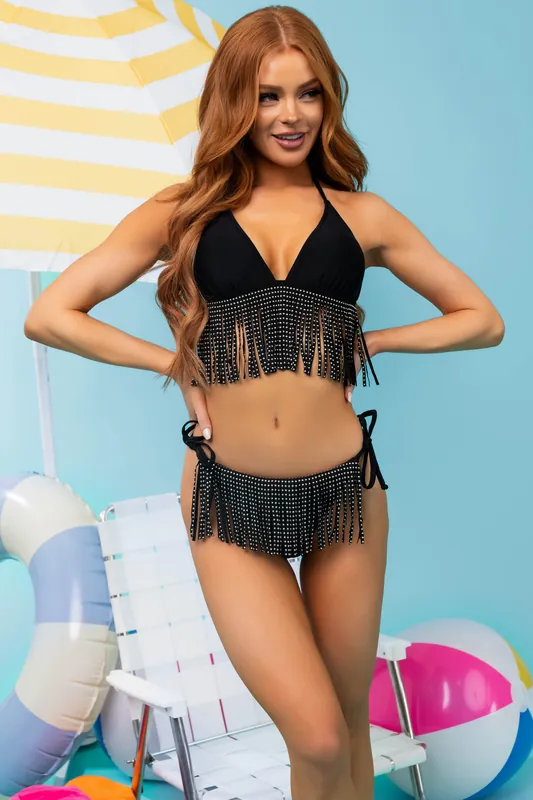 Black Rhinestone Fringe Hem Halter Bikini - Charmo