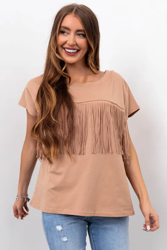 Camel Fringe Short Sleeve Knit Tee - Ces Femme