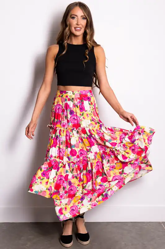 Raspberry Floral Print Tiered Maxi Skirt - Fore Collection