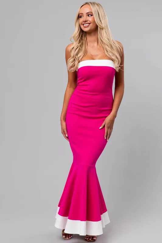 Magenta Contrast Strapless Midi Dress - Fore Collection
