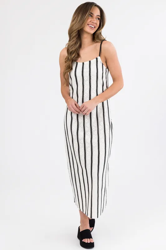 Black and Ivory Striped Bead Strap Maxi Dress - Fore Collection