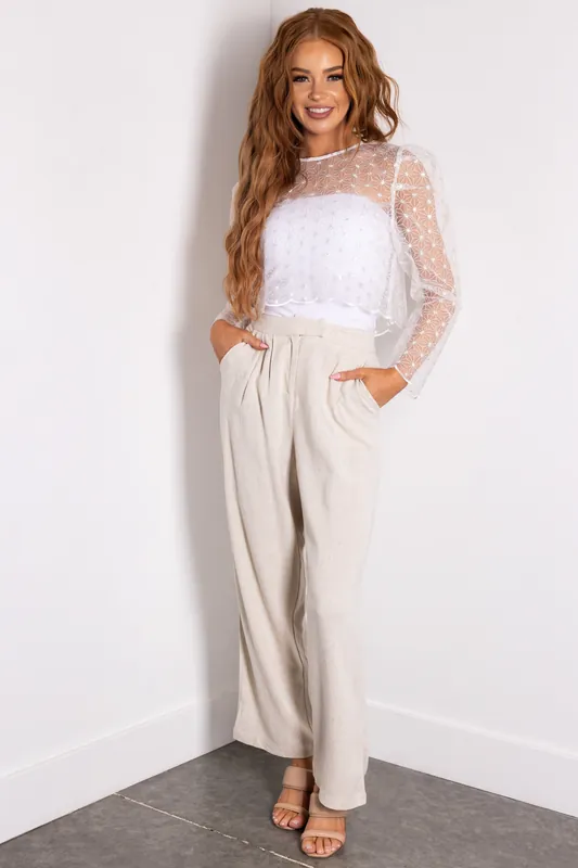 Oatmeal Pleated Straight Leg Linen Pants - Fore Collection