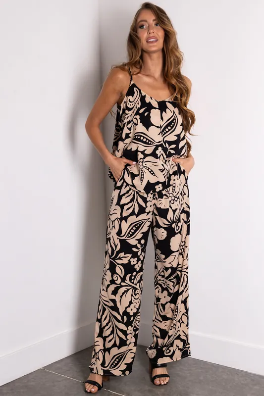 Black and Beige Floral Print Wide Leg Pants - Staccato