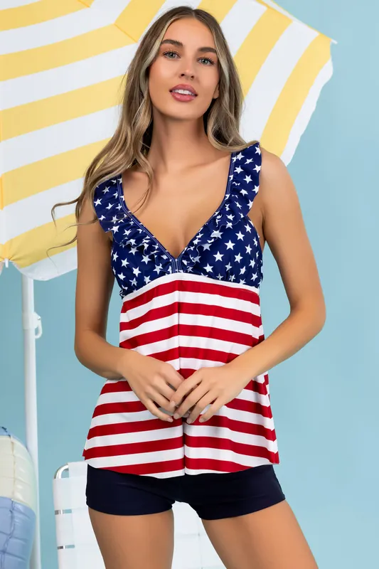 Stars and Stripes Ruffle Tankini with Bottoms - Charmo