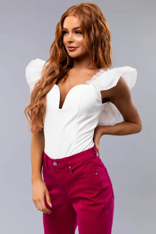 White Short Ruffle Sleeve Bodysuit - Valentine