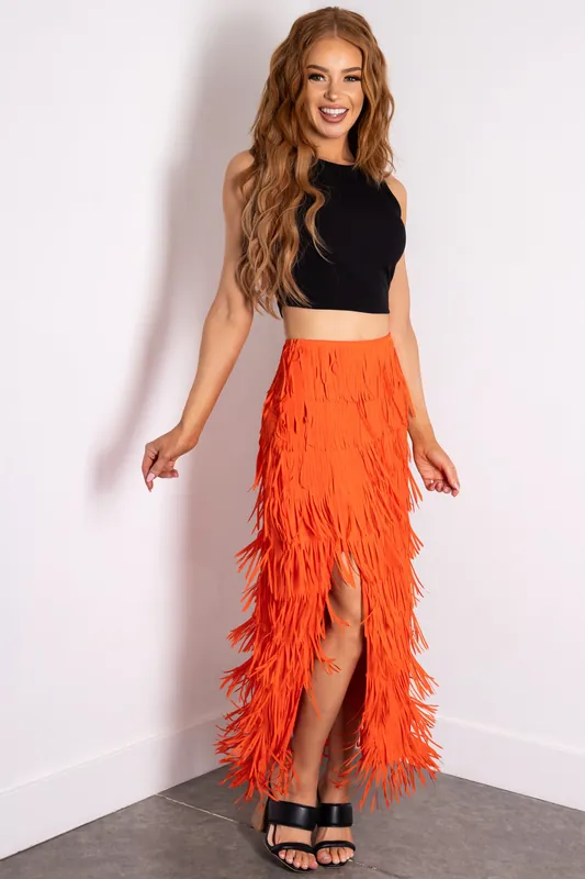 Fire Side Slit Fringe Midi Skirt - Nylon Apparel