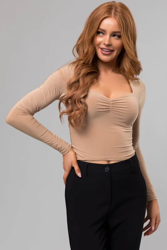 Khaki Sweetheart Neck Long Sleeve Crop Top - Uptown Apparel