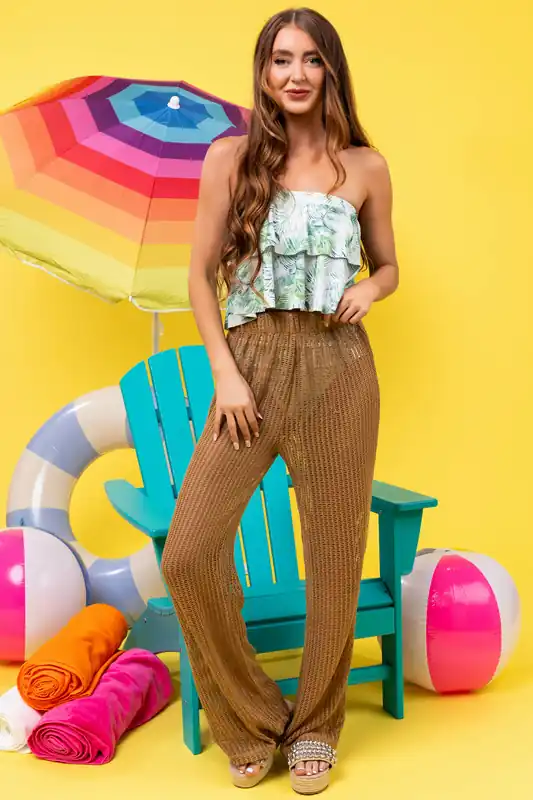 She+Sky Camel Sheer Crochet Net Loose Pants - She + Sky