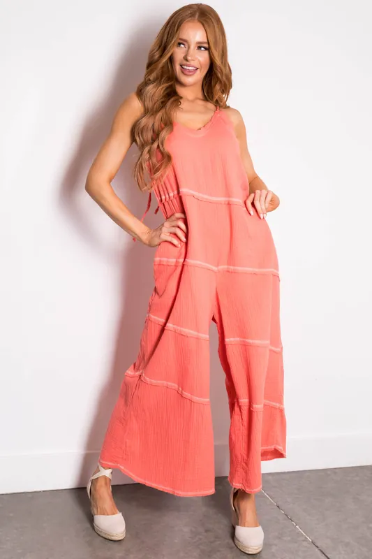 Coral Sleeveless Seam Details V Neck Jumpsuit - Ces Femme