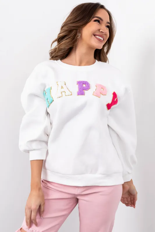 She+Sky Off White 'Happy' Sherpa Patch Sweatshirt - She + Sky