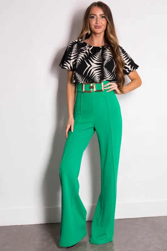 Kelly Green Gold Buckle Wide Leg Pants - Valentine