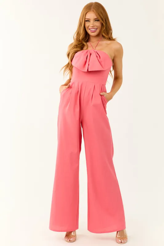 Watermelon Bow Halter Neck Wide Leg Jumpsuit - Main Strip