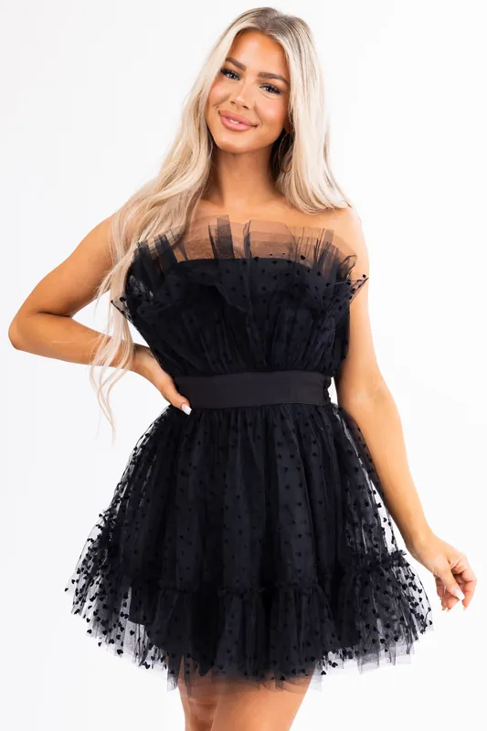 Black Ruffle Strapless Heart Detail Mini Dress - Main Strip