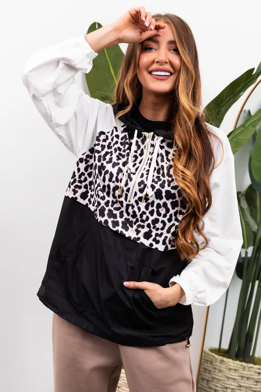 Black Leopard Colorblock Half Zip Windbreaker - Main Strip