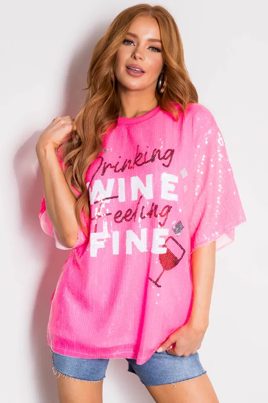 Neon Hot Pink 'Drinking Wine' Sequined Top - Main Strip