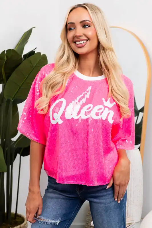 Neon Hot Pink 'Queen' Sequined Half Sleeve Top - Main Strip