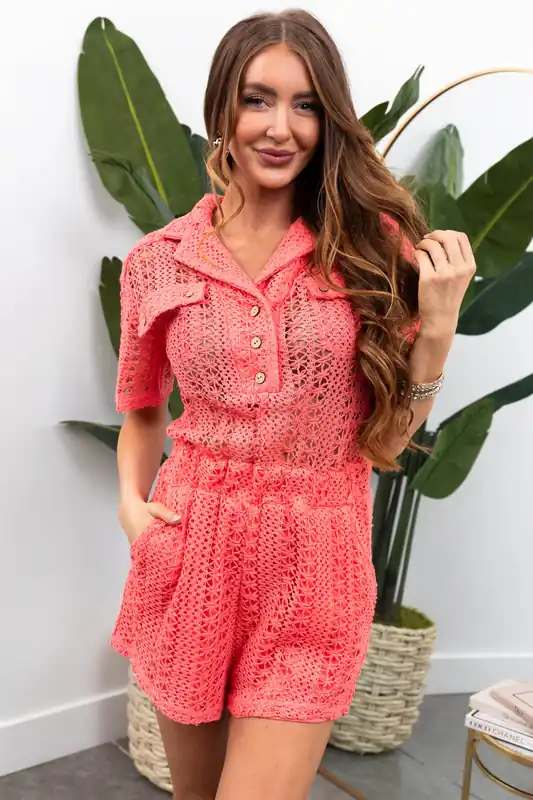 Watermelon Crochet Button Down Collared Romper - HYFVE