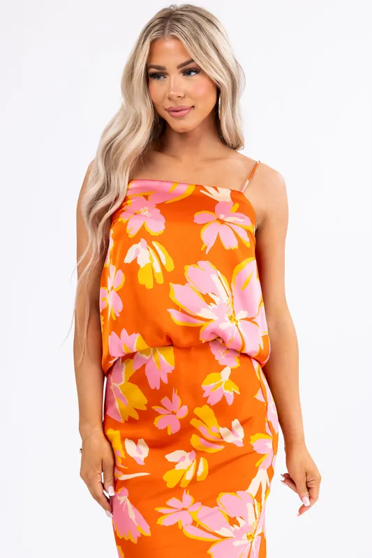 Fire Floral Print Tie Strap Satin Tank Top - AND THE WHY