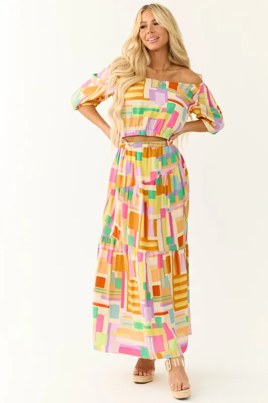 Cream Multicolor Geo Print Maxi Skirt - Lime Lush