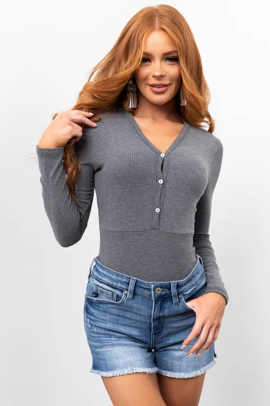 Stone Ribbed Knit Button Down Bodysuit - Uptown Apparel