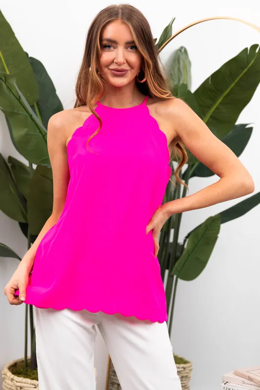 Neon Pink Scalloped Halter Neck Sleeveless Blouse - Vanilla Bay