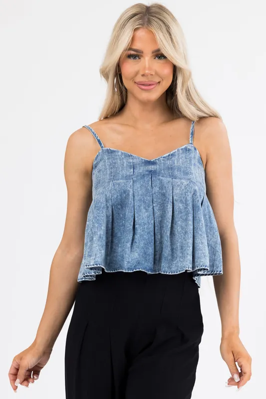Medium Acid Wash Denim Sleeveless Crop Top - Promesa