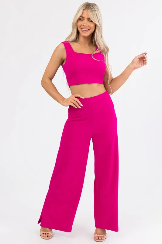 She+Sky Magenta Wide Leg Side Slit Knit Pants - She + Sky