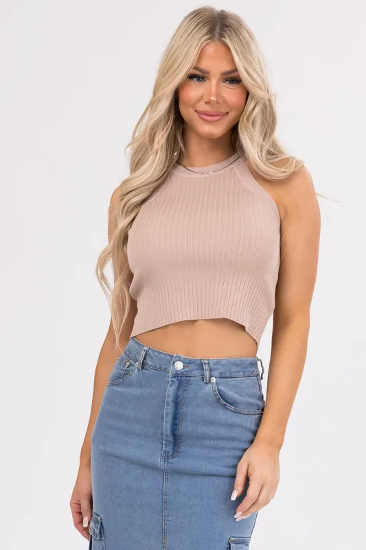 She+Sky Latte Halter Neck Ribbed Crop Top - She + Sky