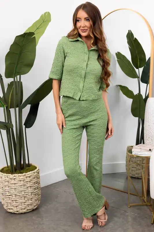 She+Sky Dark Sage Flare Leg Textured Knit Pants - She + Sky