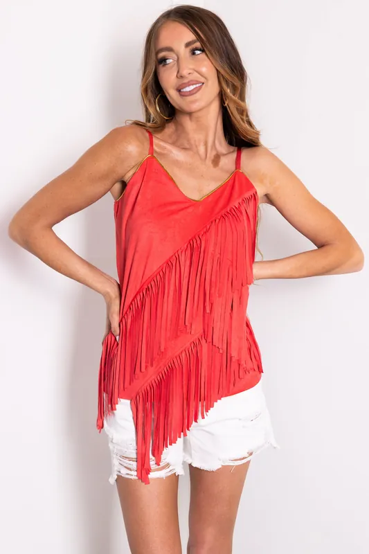 Watermelon Faux Suede Fringe Sleeveless Top - Vocal