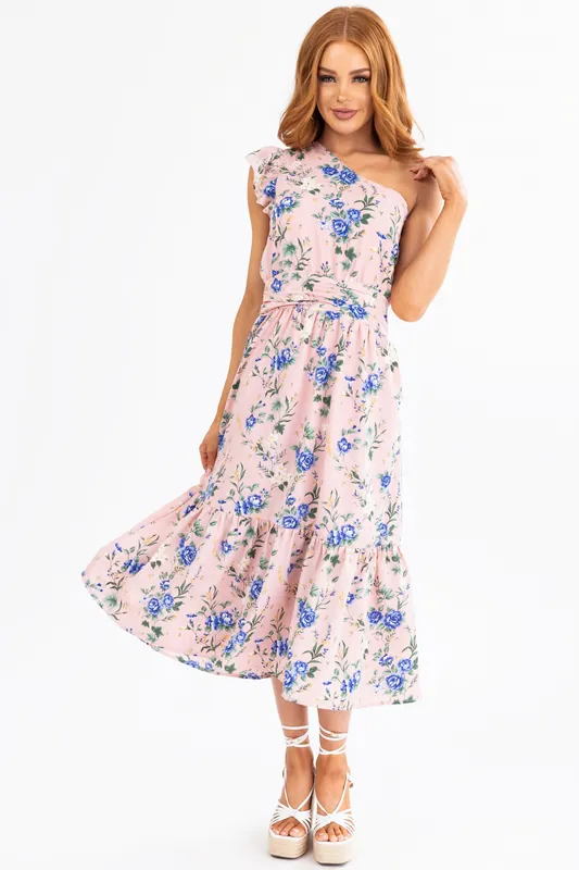 Cherry Blossom Floral One Shoulder Dress - eesome