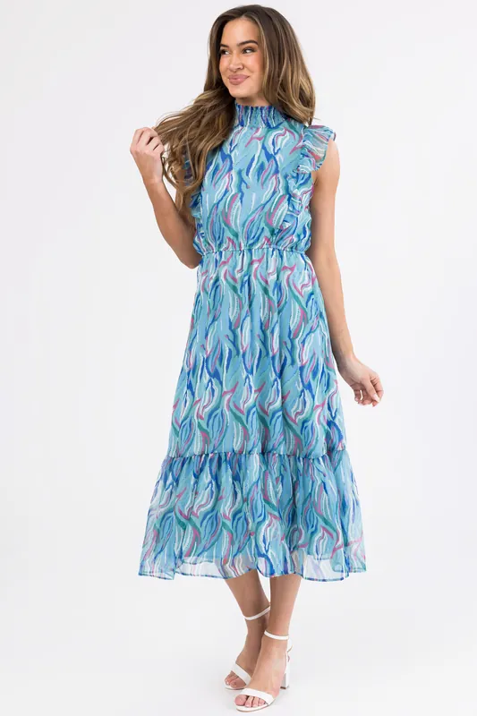 Seafoam Abstract Print Ruffled Midi Dress - eesome
