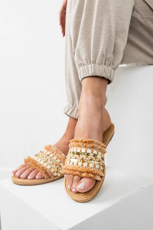Copper Slip On Fringe Sandals - JP ORIGINAL CORP