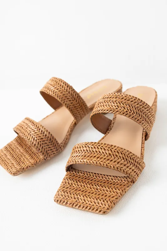 Cognac Raffia Woven Low Heel Sandals - JP ORIGINAL CORP
