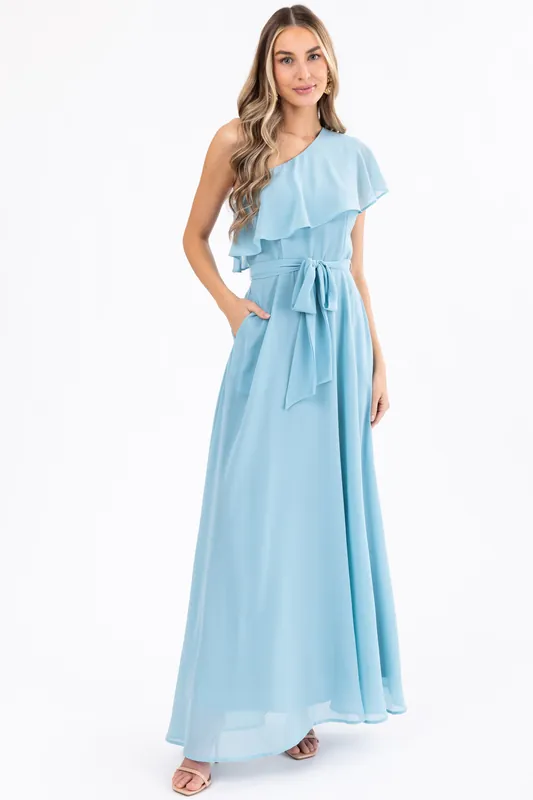 Arctic Blue One Shoulder Ruffle Maxi Dress - Dress Day