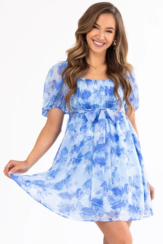 Baby Blue Floral Print Babydoll Short Dress - Listicle