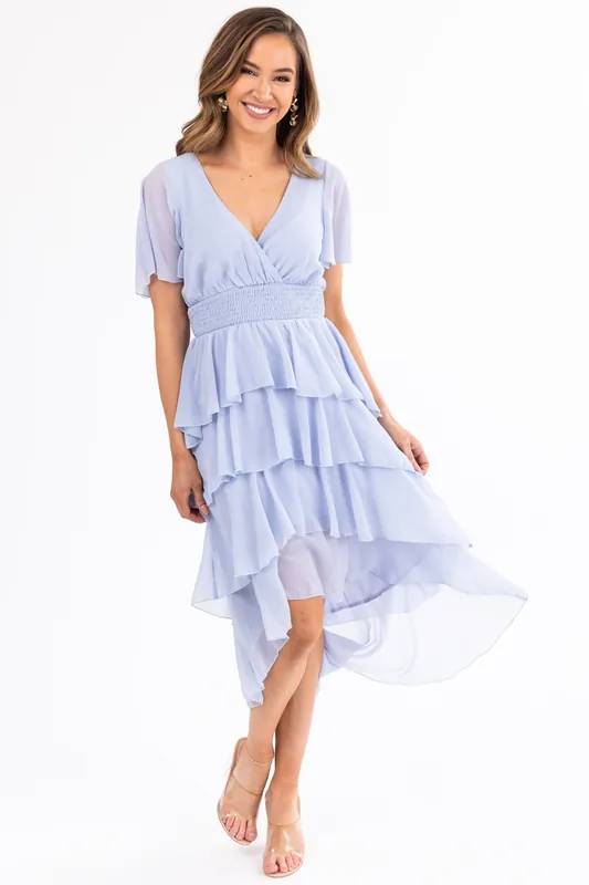 Powder Blue Ruffle High Low Midi Dress - Vine & Love
