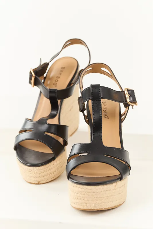 Black Cut Out T Strap Espadrille Platform Wedges - JP ORIGINAL CORP