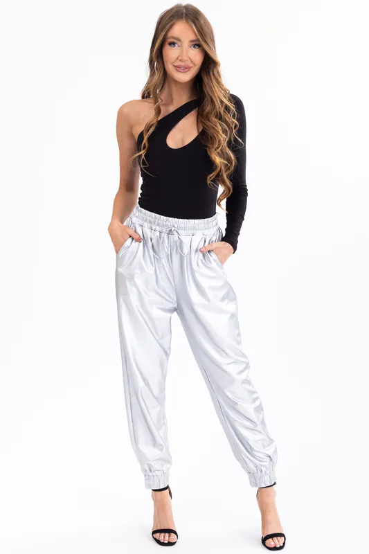 She+Sky Silver Metallic Knit Joggers - She + Sky