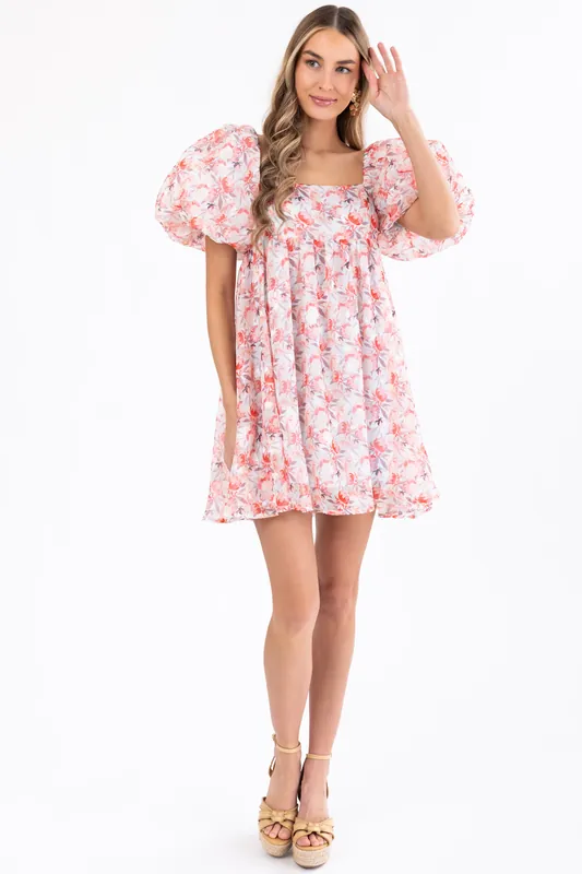 Lipstick Floral Print Puff Sleeve Mini Dress - Sweet Lemon