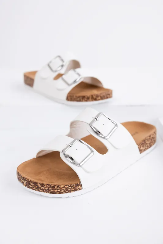 Ivory Double Buckle Slide On Sandals - JP ORIGINAL CORP