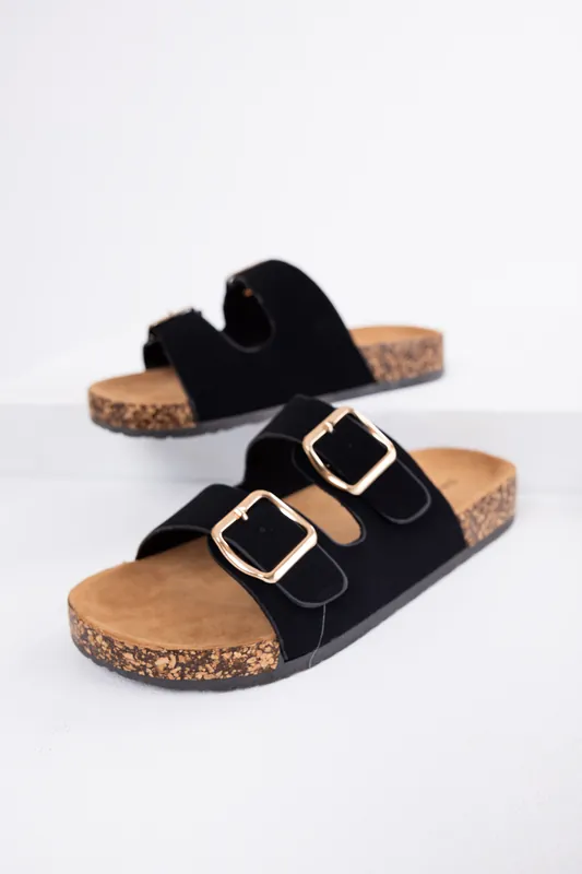 Black Double Buckle Slide On Sandals - JP ORIGINAL CORP