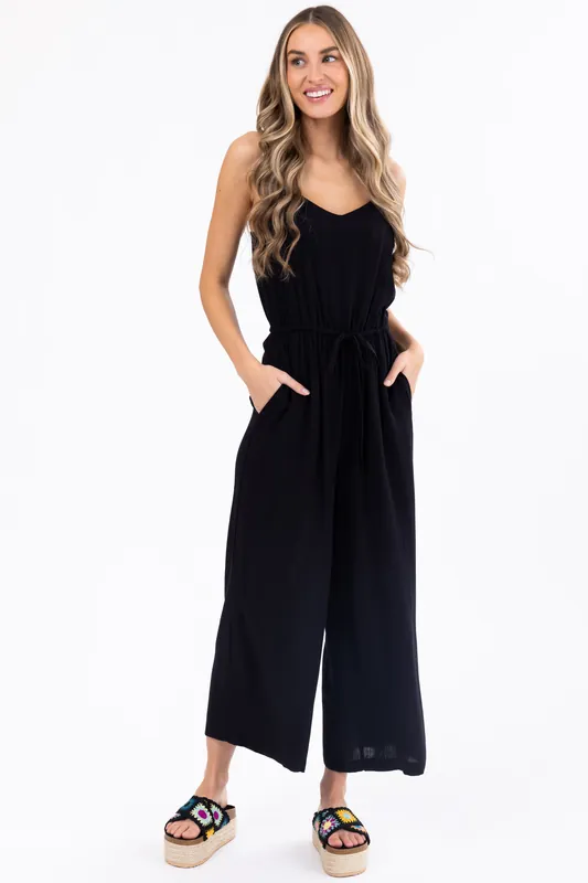 Black Sleeveless Waist Tie Wide Leg Jumpsuit - Be Cool
