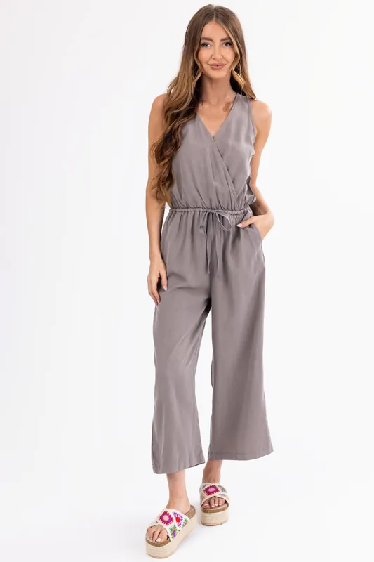Taupe Sleeveless Elastic Waist Tie Jumpsuit - Be Cool