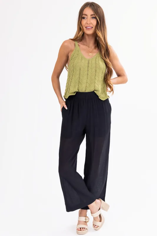 Black Wide Leg Textured Woven Pants - Be Cool