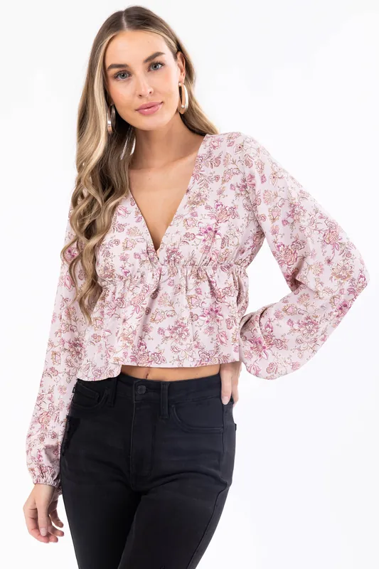 Dusty Blush Floral Print V Neck Long Sleeve Top - THE VINTAGE SHOP